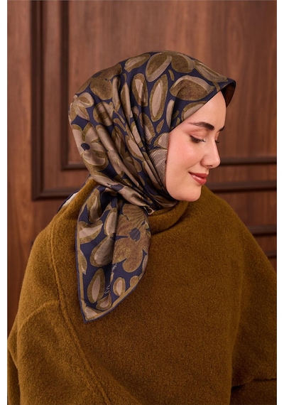 Silk Home Twill İpek Eşarp Lacivert Yeşil Vizon Papatya Desenli Tok Duruşlu 90x90 Çok Renkli