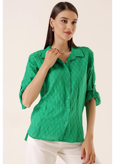 By Saygı Önden Düğmeli Polo Yaka Kolları Katlamalı Düğmeli Gömlek Koyu Yeşil-33724 Koyu Yeşil By Saygı Önden Düğmeli Polo Yaka Kolları Katlamalı Düğmeli Gömlek Koyu Yeşil-33724 Koyu Yeşil