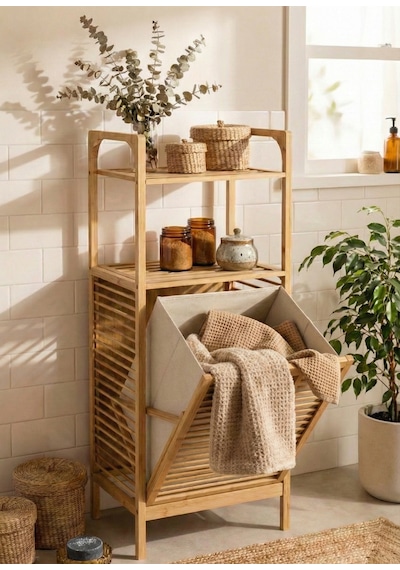 Doğal Bambu Kirli Sepetli 2 Raflı Çok Amaçlı Banyo Düzenleyici Çamaşır Sepeti Organizer Bej