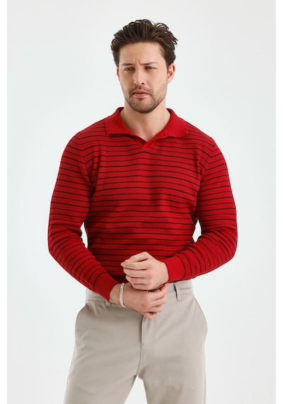 Erkek Patlı Slim Fit Çizgi Detaylı Uzun Kollu Polo Yaka Triko Kazak beyaz