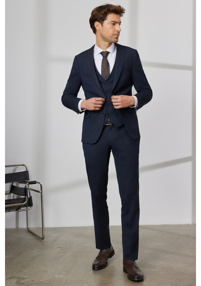 Ac&Co / Altınyıldız Classics Erkek K.lacı Slim Fit Dar Kesim Mono Yaka Desenli Yelekli Takım Elbise K.lacı Koyu Lacivert Ac&Co / Altınyıldız Classics Erkek K.lacı Slim Fit Dar Kesim Mono Yaka Desenli Yelekli Takım Elbise K.lacı Koyu Lacivert