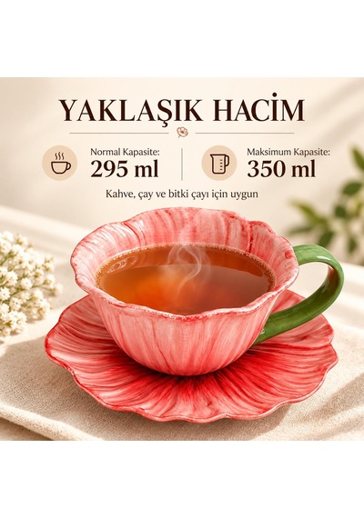 Valkyrie Gelincik Serisi Çiçek Tasarımlı Fincan Ve Tabak Seti 350 Ml Dekoratif Kahve Çay Fincanı Krm Kırmızı