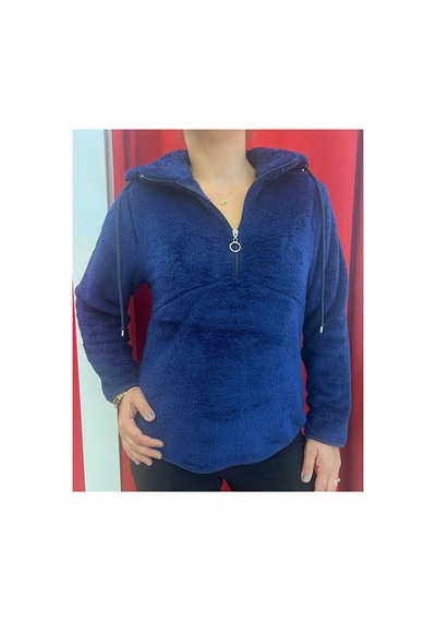 Rouge Basic Kapşonlu Yarım Fermuar Peluş Sweat Lacivert