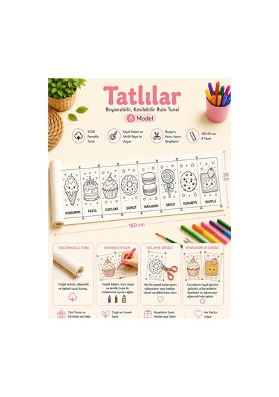 Boyanabilir Kesilebilir Rulo Tuval Tatlılar 8 Model Çocuk Etkinlik Seti 160x30 Cm