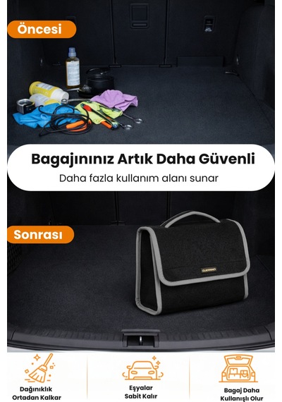 Oto Bagaj Organizer Bagaj Çantası M Boy Kaymaz Cırt Bantlı Velur Kompakt - Siyah Gri