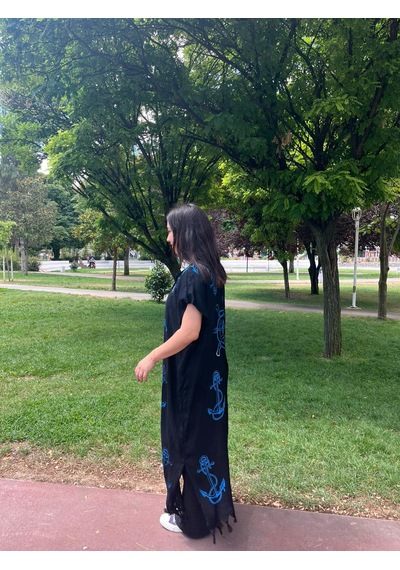 Mavi Denizci Desenli Siyah Salaş Kimono Kaftan Standart Mavi