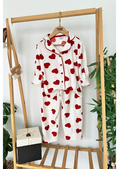 Miniğimin Cicileri Kalp Desenli Süet Kız Çocuk Pijama Takımı - Beyaz Kırmızı
