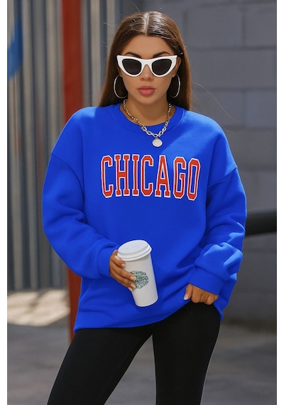 Benroma 3 İplik Penye Chıcago Baskılı Unisex Sweatshırt Saks Mavisi