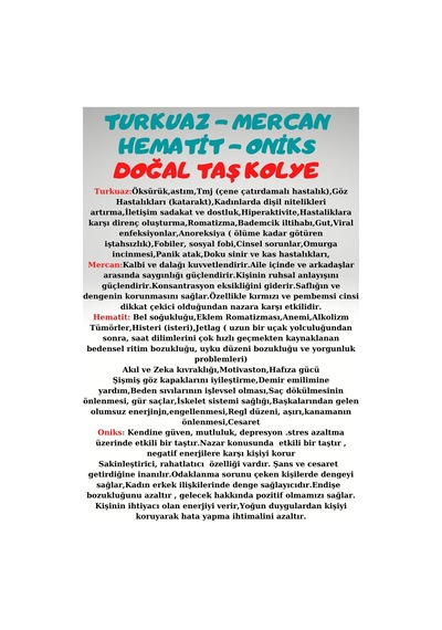 Sertifikalı Doğal Taş Kolye Turkuaz Hematit Mercan Oniks Doğal Taş Çok REnkli