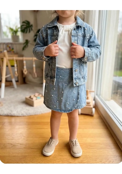 Mutlu Bebe %100 Pamuk Kız Çocuk Bayramlık Kot Ceketli 3 Lü Takım İnci Detaylı Jean Etek & Bluz Mavi Mutlu Bebe %100 Pamuk Kız Çocuk Bayramlık Kot Ceketli 3 Lü Takım İnci Detaylı Jean Etek & Bluz Mavi