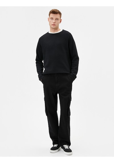 Koton Slim Fit Kazak Bisiklet Yaka Dokulu Uzun Kollu Siyah 4wam70104mk Siyah