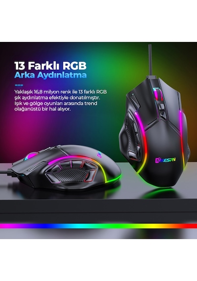 Mkespn X15 Gaming Mouse 12800 Dpı 12 Tuş Makro 1000hz Rgb - Siyah Diğer