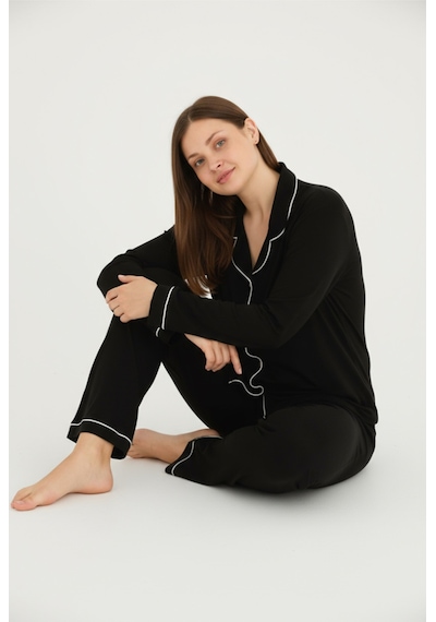 Bravie Luxury Viscose Siyah Beyaz Biyeli Kadın Uzun Kollu Büyük Beden Pijama Takımı 42501 Siyah