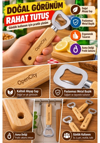 Bambu Saplı Metal Şişe Açacağı Gazoz Soda Meşrubat Kapak Açacak Ergonomik Mutfak Aparatı 14 Cm