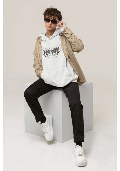 Nevermind Trend Unisex Oversize Hoodie Streetwear Baskılı Sweatshirt Beyaz