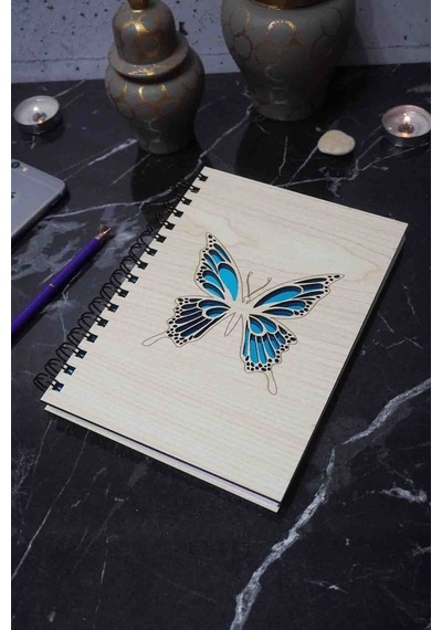 Kelebek Desenli Ahşap Defter - Ajanda - Günlük - Çizgisiz Defter Ahşap Rengi Banu A5 Notebook