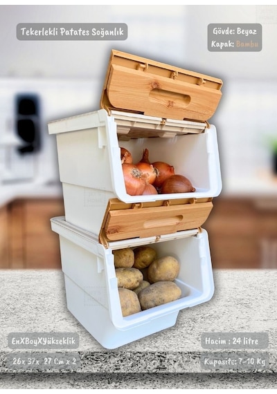 2 Li Bambu-beyaz Tekerlekli Patateslik Soğanlık Oyuncak Kutusu Patates Soğan Sepeti 24 Lt Bambu-beyaz