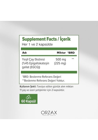 Orzax Green Tea 500 Mg 60 Kapsül