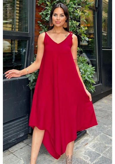 Kadın Bordo İp Askılı, Asimetrik Kesim, Dokulu Terletmez Kumaş, Salaş Tulum Bordo