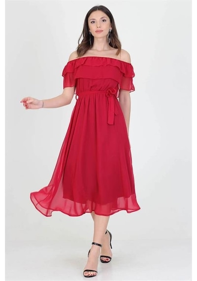 Dip Moda Kadın Madonna Yaka Kuşaklı Şifon Elbise Dpry8060 Bordo