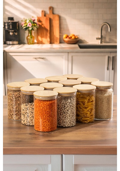Porsima 2-4 Bambu Vakumlu Kapaklı Yuvarlak Cam 12li Kavanoz Seti Saklama Kabı 1300ml 10x20cm