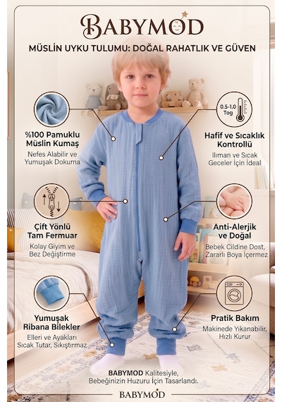 Baby Mod Müslin Uyku Tulumu 1.0 Tog Çocuk Yazlık Uyku Tulumu Uyku Gurusu %100pamuk Doğal Kumaş Mavi