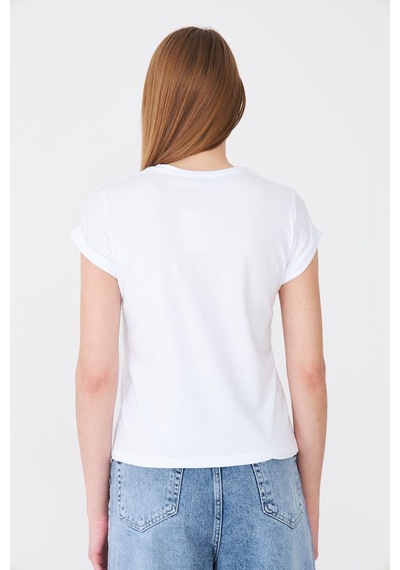 Sortie Collection Dantel Cepli Yazı Baskılı Katlama Kollu Tshirt Ekru Beyaz