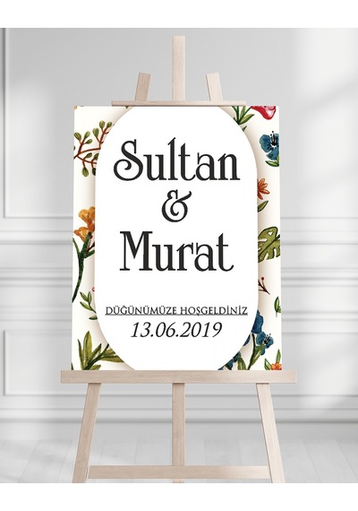 Söz Nişan Düğün İçin 50x70 Karşılama Panosu - Renkli Çiçek Tasarımlı 12 Beyaz