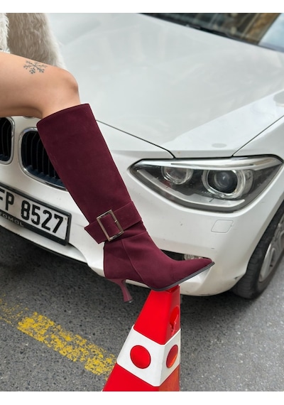 Erva'nın Butiği Bordo Süet Lavinia Gümüş Toka Detay 7 Cm Kadın Topuklu Çizme-6478