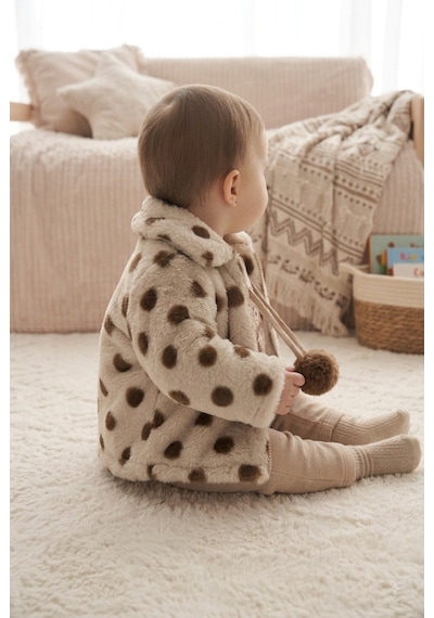 Ahengim Minik Ayıcık Baskılı Puanlı Yumuşak Dokulu Peluş Montlu 3 Lü Kız Bebek Set Takım Ak8534 Bej
