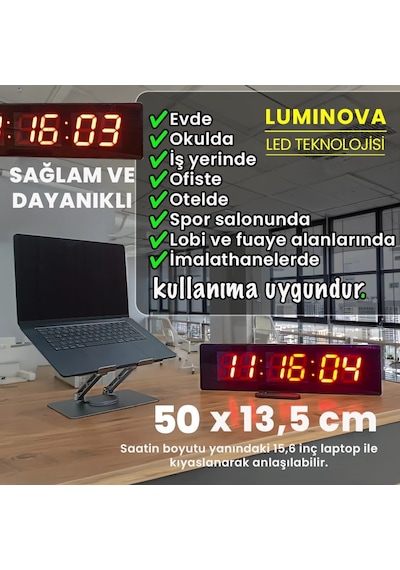 Upway 50x13,5 Kumandalı Büyük Dijital Duvar Saati Kronometre - Geri Sayım Luminova Led Teknolojisi Siyah - Kırmızı