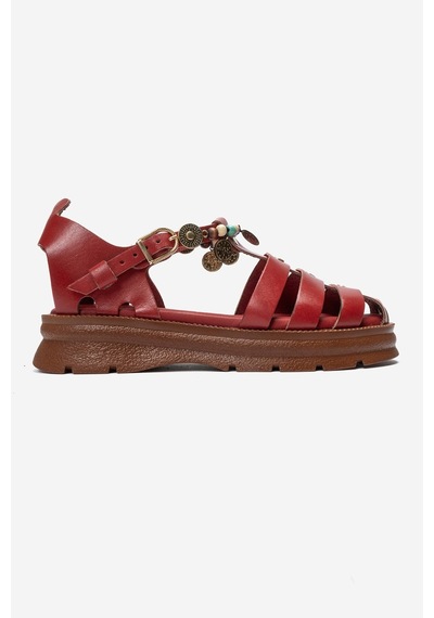 Luvi Shoes Solıs Kırmızı Hakiki Deri Boncuklu Kadın Sandalet