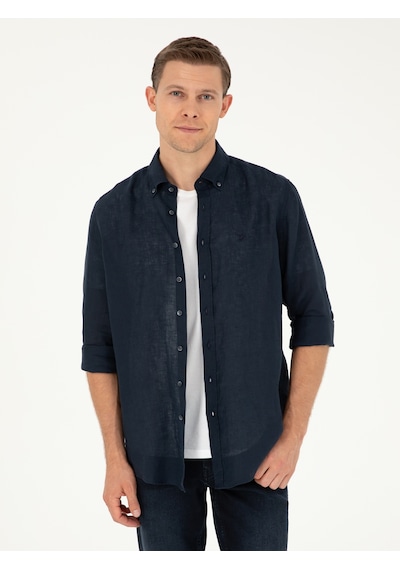 Cacharel Lacivert Regular Fit %100 Keten Gömlek