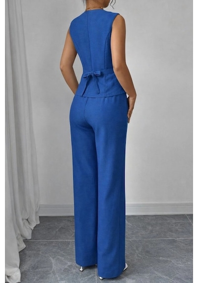 Defymoda Kadın Askılı Önden Düğmeli Bluz Ve Pantolon Keten Ikili Takım Mavi