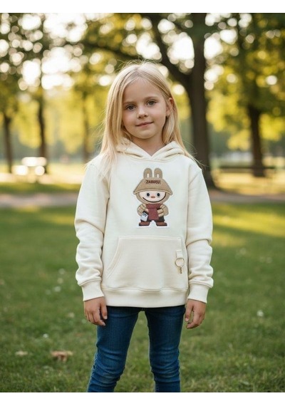 Kız Çocuk Kapüşonlu Karakter Baskılı Anahtarlıklı Sweatshirt-16325 Ekru