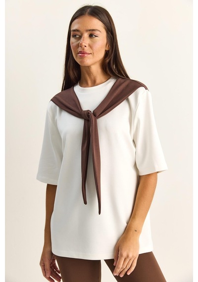 Shade Kadın Şal Detaylı Oversize Basic T-shirt 1094 60286118 - Beyaz-kahve Beyaz - Kahverengi