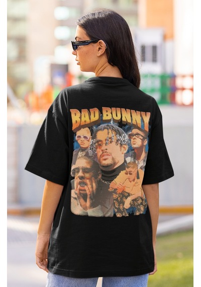 Bad Bunny Rapper Sırt Baskılı Unisex Oversize Şarkıcı Tişört Siyah