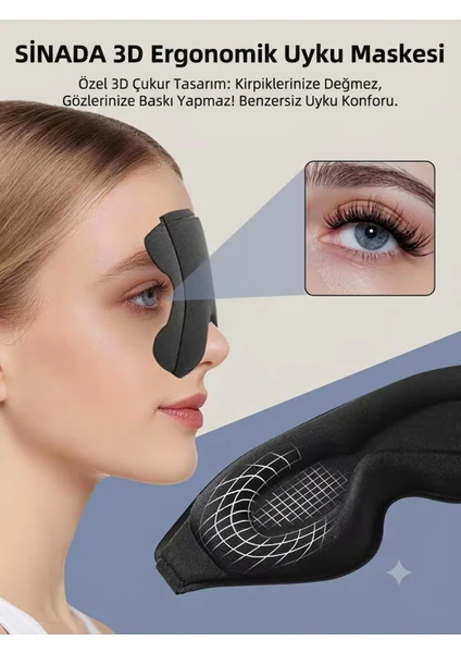 Premium 3d Uyku Göz Maskesi, %100 Işık Engelleme, Hafızalı Köpük Uyku Bandı Siyah