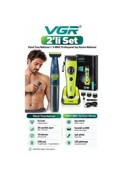 Vücut Tıraş Makinesi 0.5mm & V-880c Saç Kesme Makinesi - Hassas 2'li Bakım Seti