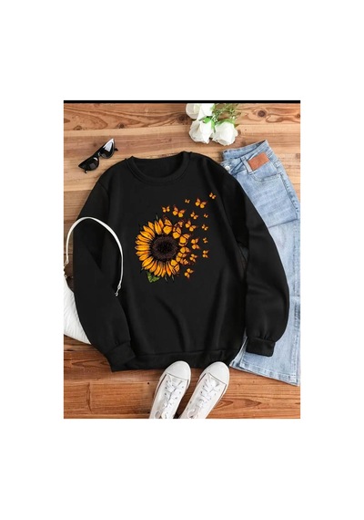 Medinenur Turuncu Ayçiçeği Baskılı Bisiklet Yaka Şardonlu Sweatshirt Siyah
