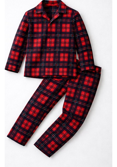 Free Beka Lacivert Ekose Desenli Uzun Kollu Gömlek Yaka Düğmeli Erkek Çocuk Pijama Takımı Kırmızı