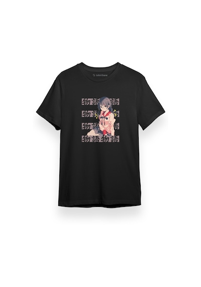Monogatari Anime Tsubasa Hanekawa Lettern Poster Siyah Kısa Kol Erkek Tshirt 001