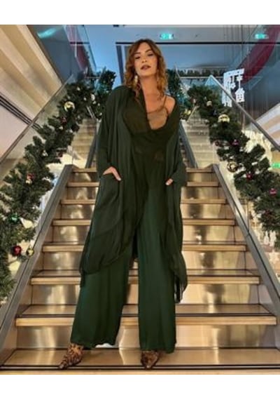 Italyan Ipek Detaylı Oversize Kap Bluz- Wes Pantolon Takım Zümrüt Yeşili