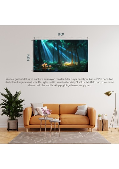 Doğa Ve Manzara Yatay Parlayan Mantarlar Ve Büyülü Işık Huzmeleri Mistik Orman 03 Çerçevesiz 90x60cm Pvc Tablo