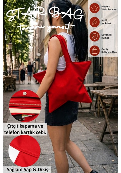 Tuttobene Star Bag Yıldız Çanta Çıtçıtlı İç Cepli Özel Tasarım Omuz Çantası Su Geçirmez Leke Tutmaz Tb052 Kırmızı