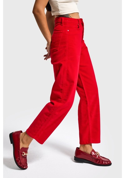 Itsbasic Kadın Kırmızı 26w5-19 Relax Fit Velvet Kadife Kumaş Pantolon