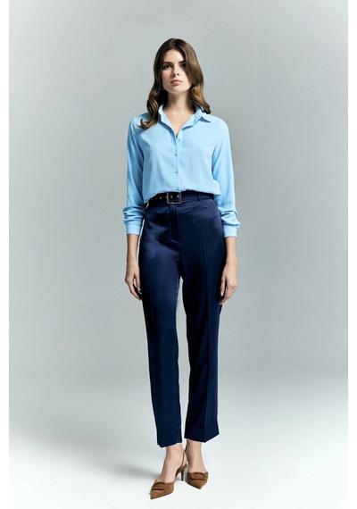 Sateen Yüksek Bel Lisa Duble Paça Pantolon Lacivert