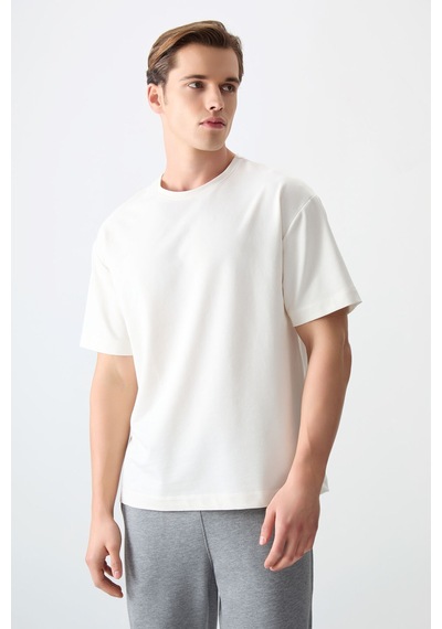 Air Jones Tommy Life Ekru Pamuklu Kalın Yumuşak Dokulu Oversize Fit Basic Erkek T-shirt - 88377 Ekru