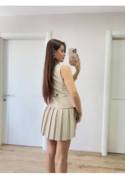 Defymoda Takım Görünümlu Yelekli Mini Elbise- Bej Bej
