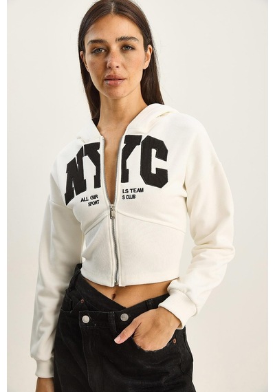 Shade Kadın Nyc Nakışlı Üç İplik Şardonlu Kapüşonlu Crop Hırka 6942 60283794 - Beyaz
